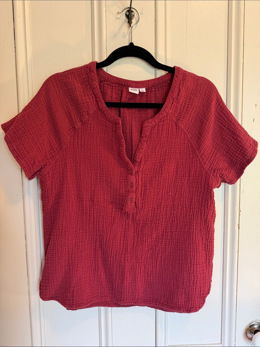 GAP Red Short-Sleeve Gauze Henley Top